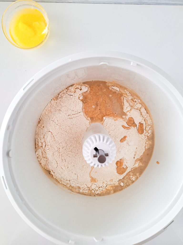 bosh mixer on white background with sourdough pretzels in it
