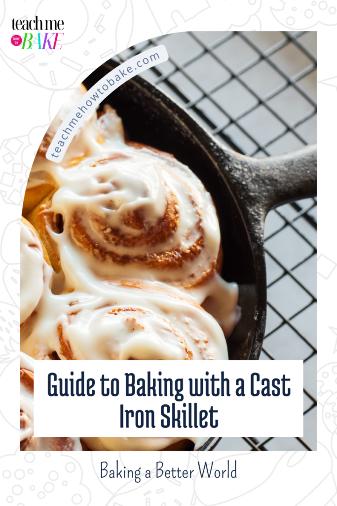 cinnamon rolls in cast iron pan on wire cooling rack
