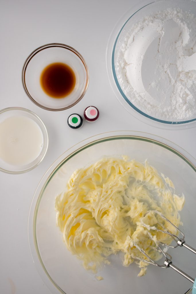 Butter and shortening being creamed for buttercream frosting